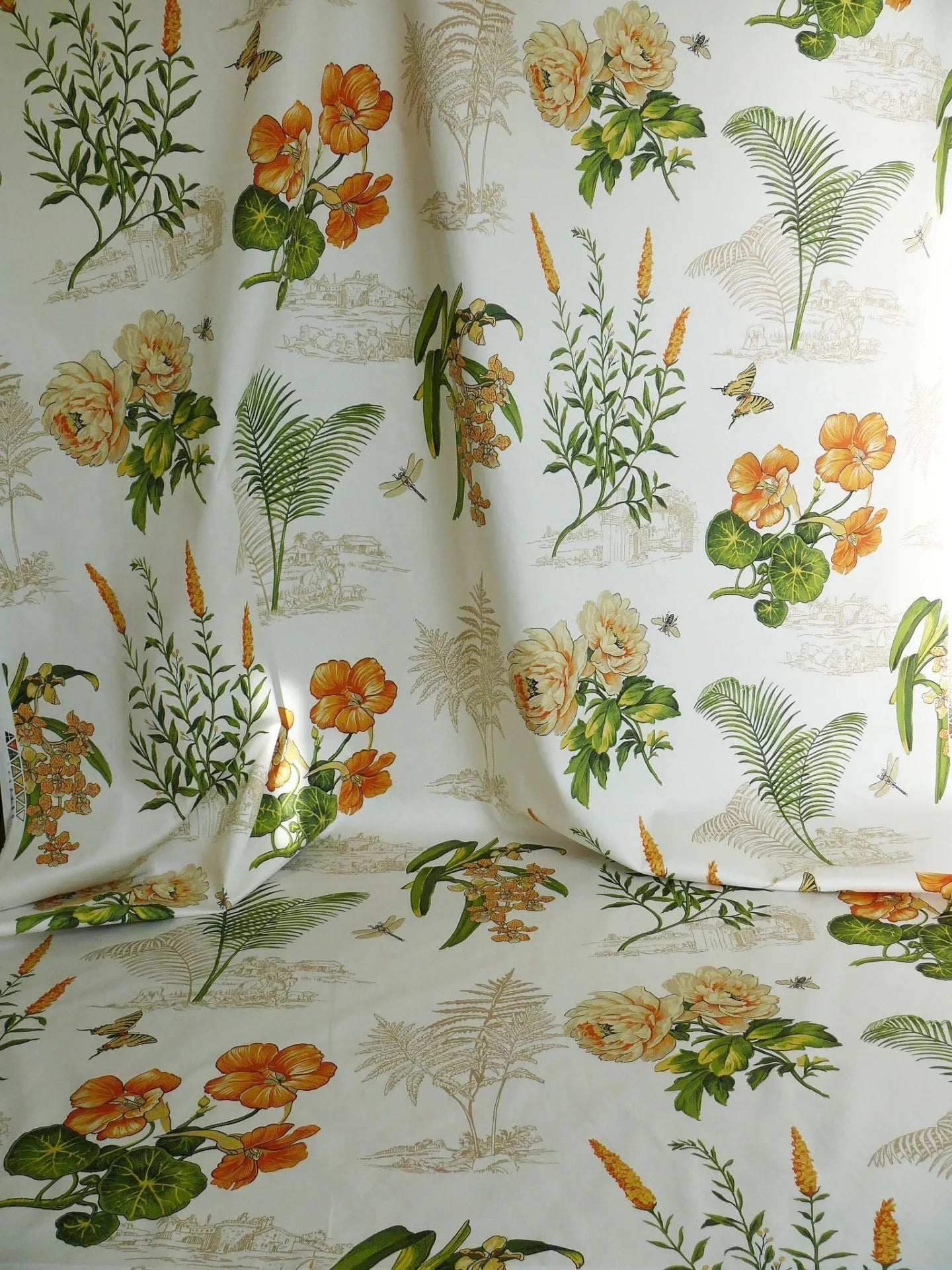 Thibaut Naples Mediterranean Nasturtium Rose Palm Tree Flowers Butterfly Dragonfly Bees Print Toile Cotton SATIN Orange