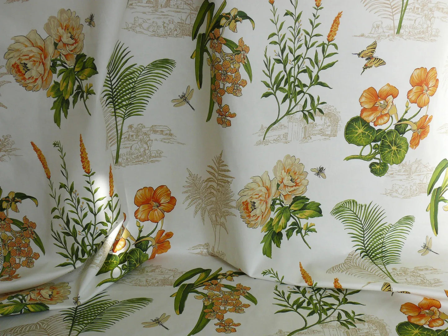 Thibaut Naples Mediterranean Nasturtium Rose Palm Tree Flowers Butterfly Dragonfly Bees Print Toile Cotton SATIN Orange