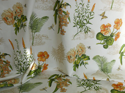 Thibaut Naples Mediterranean Nasturtium Rose Palm Tree Flowers Butterfly Dragonfly Bees Print Toile Cotton SATIN Orange