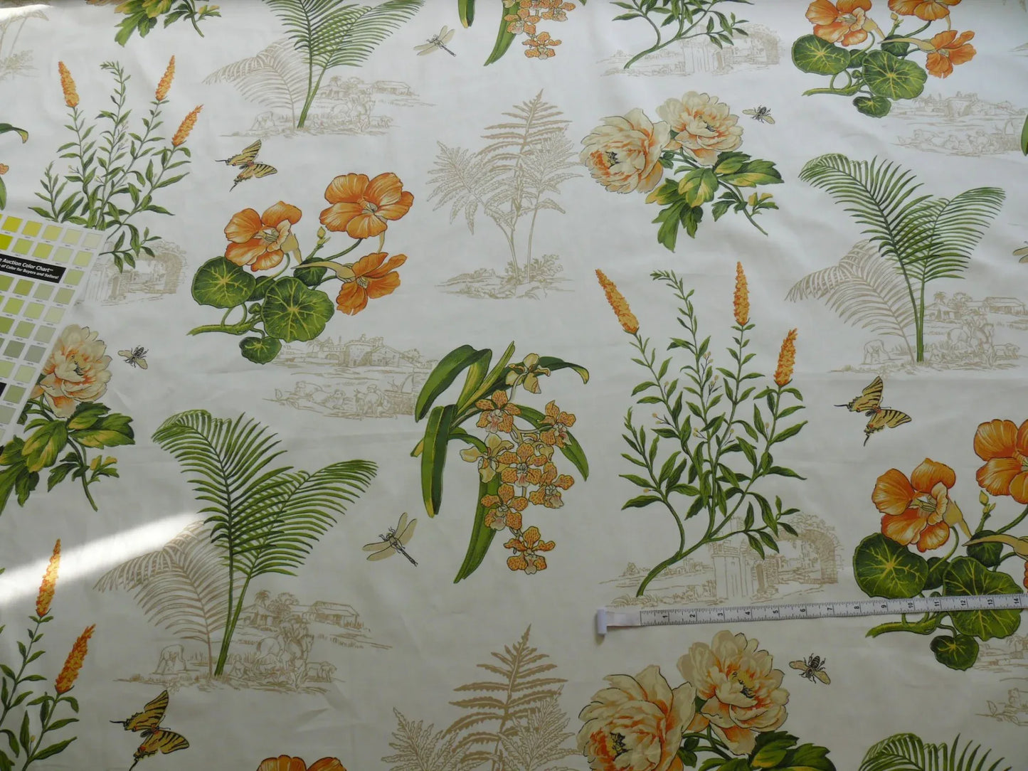 Thibaut Naples Mediterranean Nasturtium Rose Palm Tree Flowers Butterfly Dragonfly Bees Print Toile Cotton SATIN Orange