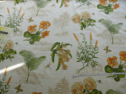 Thibaut Naples Mediterranean Nasturtium Rose Palm Tree Flowers Butterfly Dragonfly Bees Print Toile Cotton SATIN Orange