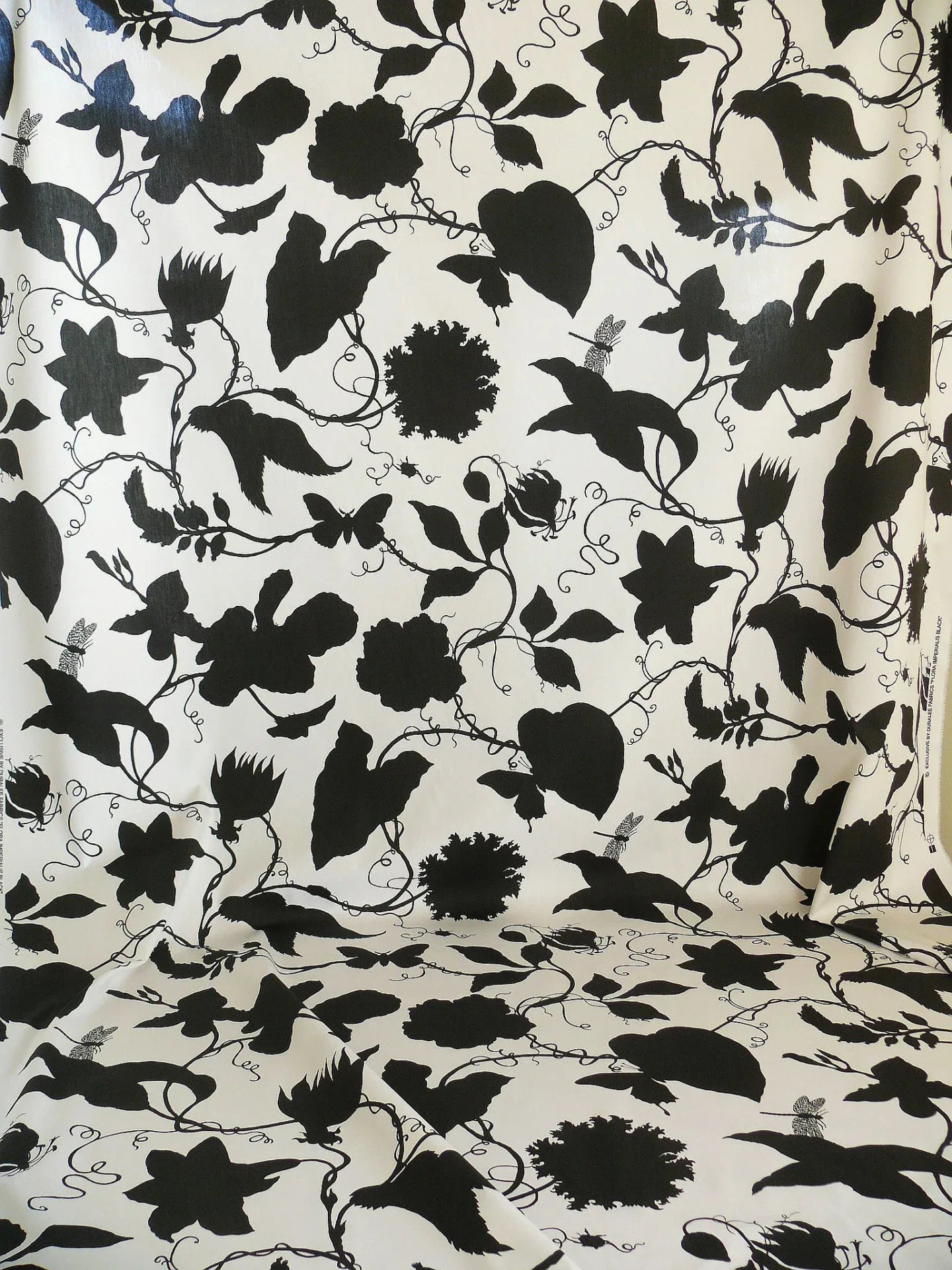 By Yd Duralee "Flora Imperialis Black" &amp; WHITE COTTON BIRD DRAGONFLY Print