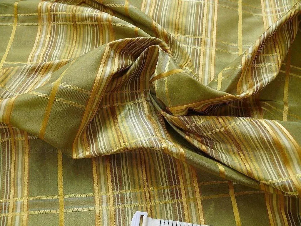 Kravet Couture 100% Silk Plaid Taffeta Satin Stripe Green "Peridot" Gold Plaid jacquard