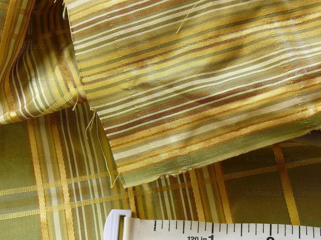 Kravet Couture 100% Silk Plaid Taffeta Satin Stripe Green "Peridot" Gold Plaid jacquard