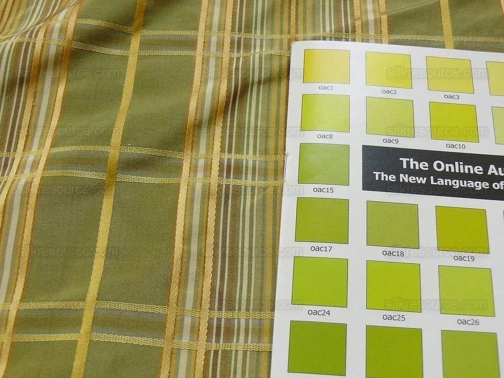 Kravet Couture 100% Silk Plaid Taffeta Satin Stripe Green "Peridot" Gold Plaid jacquard