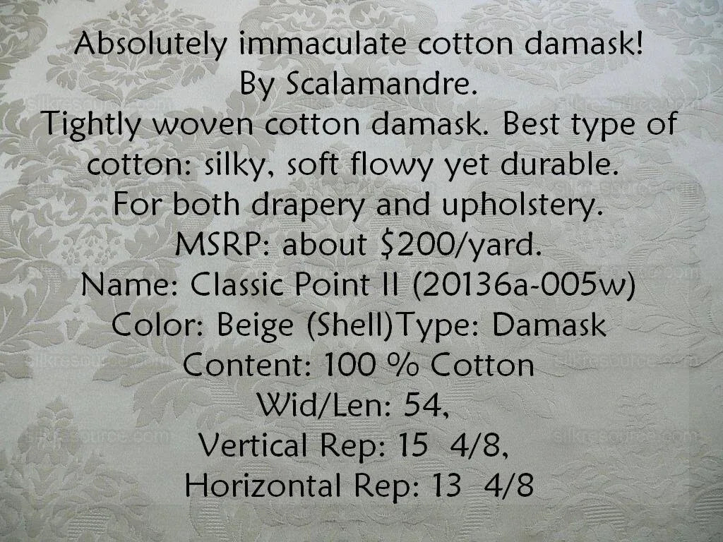 Scalamandre Classic Point Ii Damask Beige White Cotton (#841) MSRP USD 200/Y