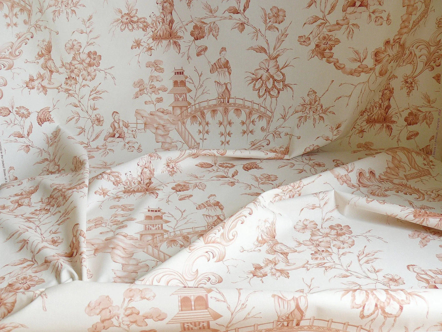 by yard Scalamandre Asian Garden Apricot White Toile Chinoiserie
