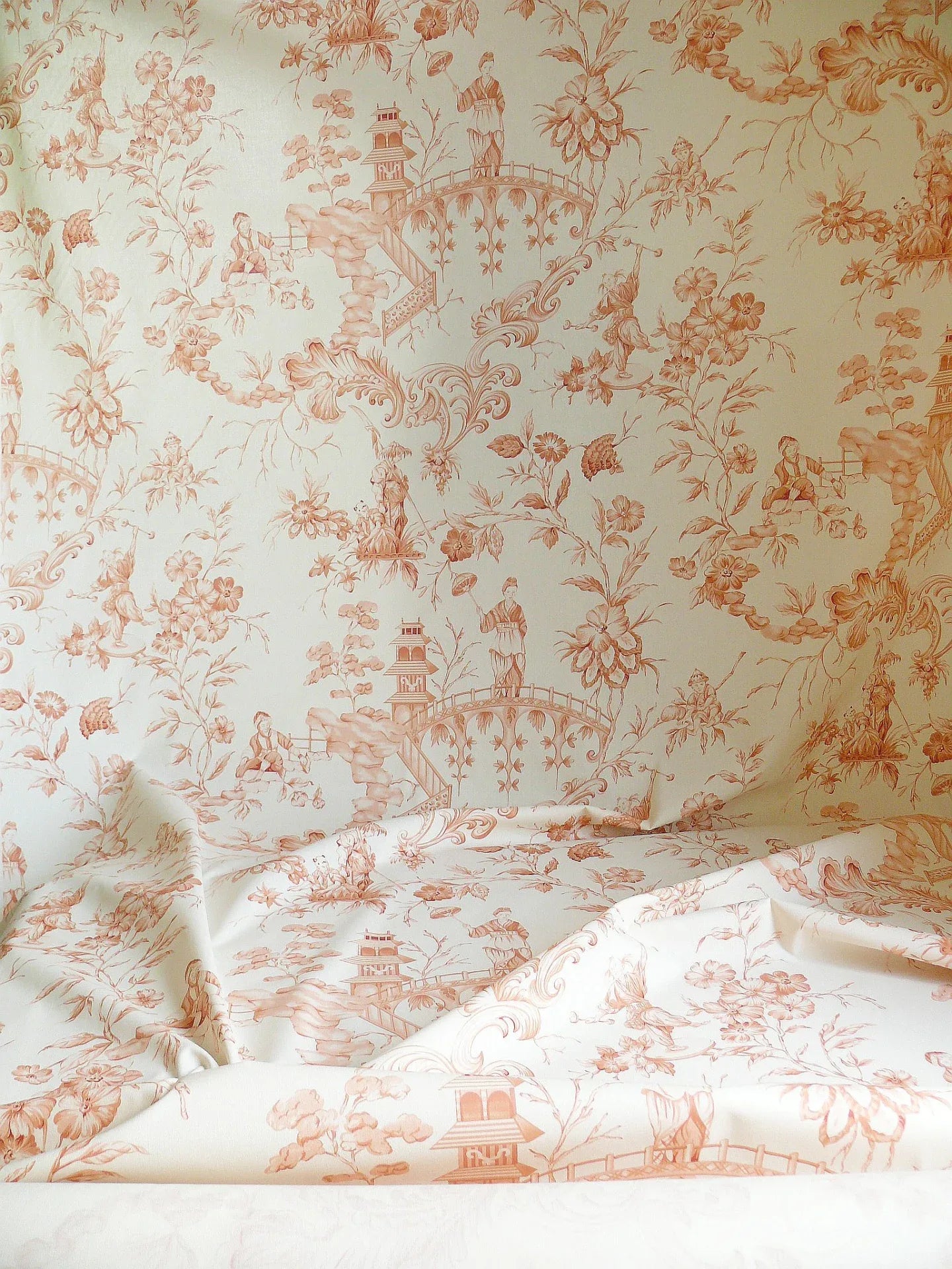 by yard Scalamandre Asian Garden Apricot White Toile Chinoiserie