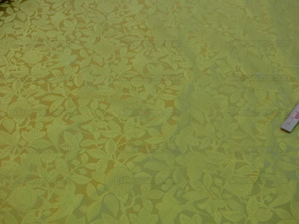 by yard 100% Silk Swallow Damask Arts &amp; Crafts Bird Flower Pure Gold Yellow Art Nouveau