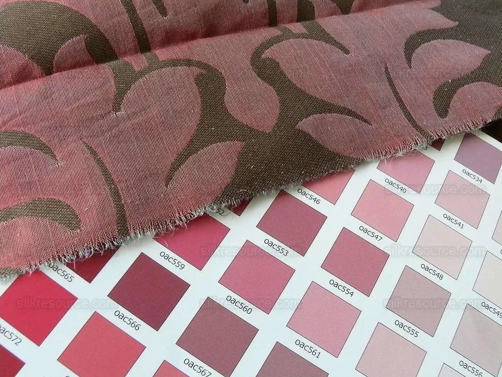 American Silk Mills Silk Figured Brocade Majestic Lotus! Silvery Red Gold Pink Brown Silver Mid-Century