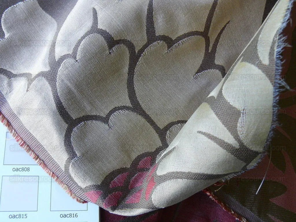 American Silk Mills Silk Figured Brocade Majestic Lotus! Silvery Red Gold Pink Brown Silver Mid-Century