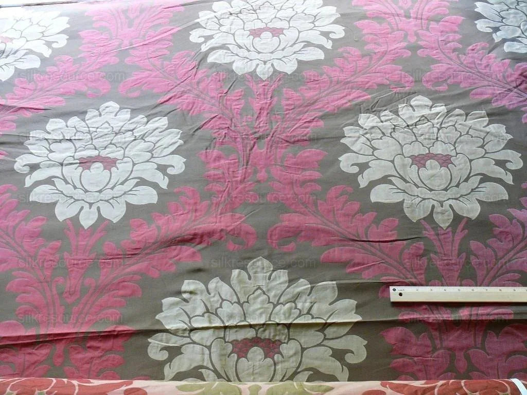 American Silk Mills Silk Figured Brocade Majestic Lotus! Silvery Red Gold Pink Brown Silver Mid-Century