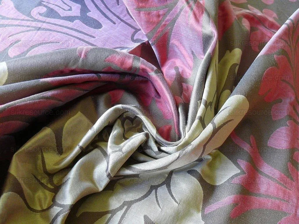 American Silk Mills Silk Figured Brocade Majestic Lotus! Silvery Red Gold Pink Brown Silver Mid-Century