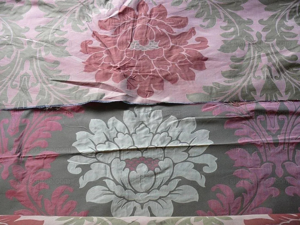 American Silk Mills Silk Figured Brocade Majestic Lotus! Silvery Red Gold Pink Brown Silver Mid-Century