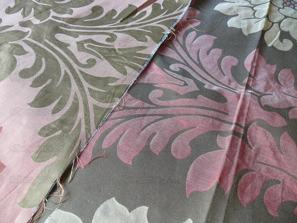 American Silk Mills Silk Figured Brocade Majestic Lotus! Silvery Red Gold Pink Brown Silver Mid-Century