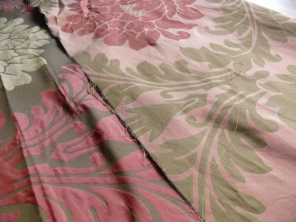 American Silk Mills Silk Figured Brocade Majestic Lotus! Silvery Red Gold Pink Brown Silver Mid-Century