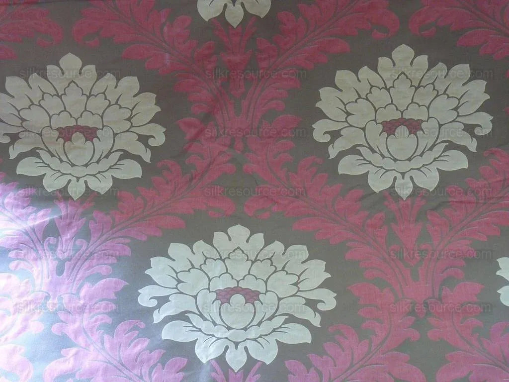 American Silk Mills Silk Figured Brocade Majestic Lotus! Silvery Red Gold Pink Brown Silver Mid-Century