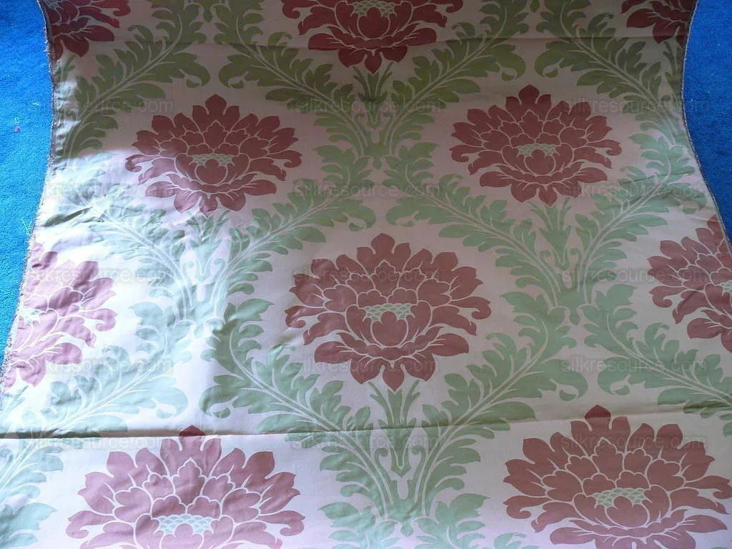 American Silk Mills Silk Figured Brocade Majestic Lotus! Silvery Red Gold Pink Brown Silver Mid-Century