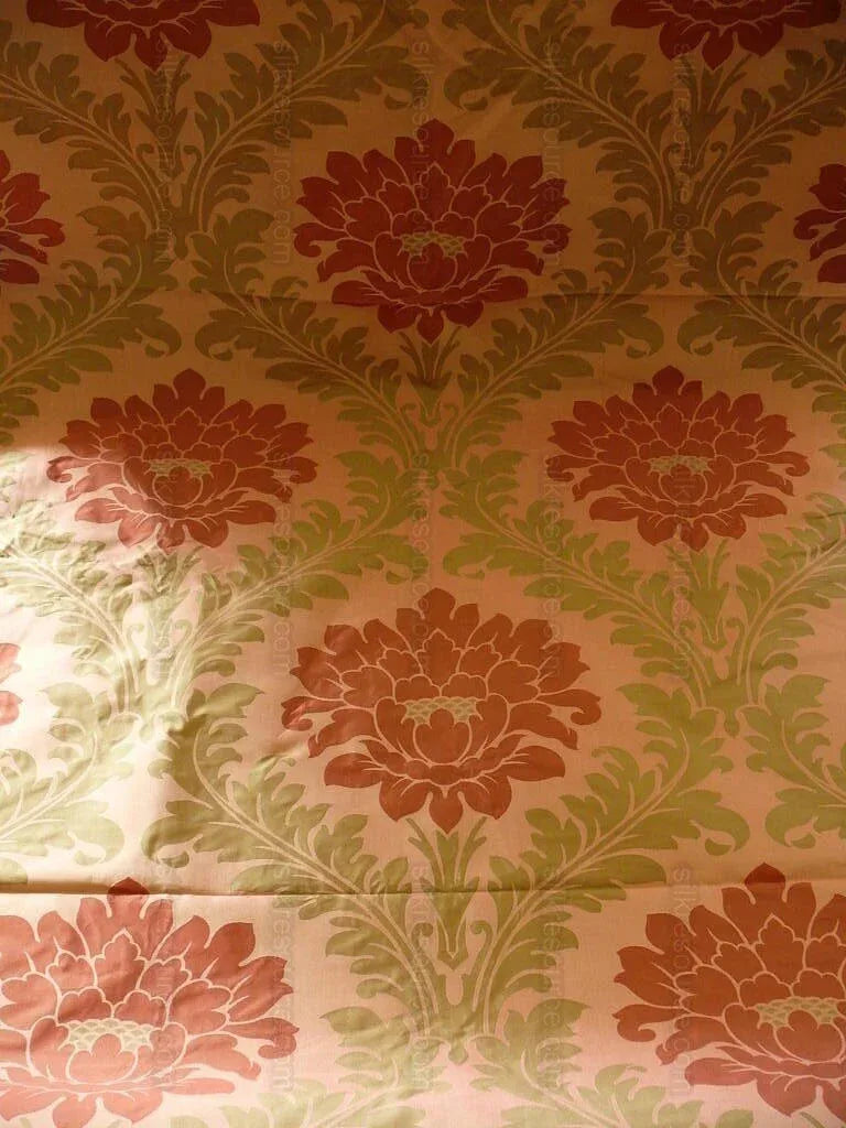 American Silk Mills Silk Figured Brocade Majestic Lotus! Silvery Red Gold Pink Brown Silver Mid-Century