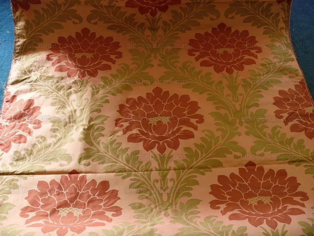 American Silk Mills Silk Figured Brocade Majestic Lotus! Silvery Red Gold Pink Brown Silver Mid-Century