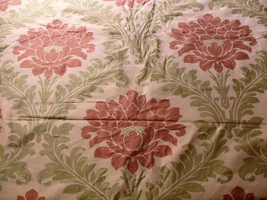 American Silk Mills Silk Figured Brocade Majestic Lotus! Silvery Red Gold Pink Brown Silver Mid-Century