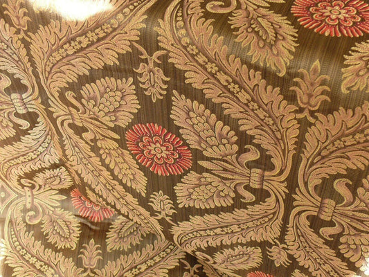 3y Coraggio Silk Cotton Gold &amp; Red Flower On Med Brown Artichoke Lattice #1121