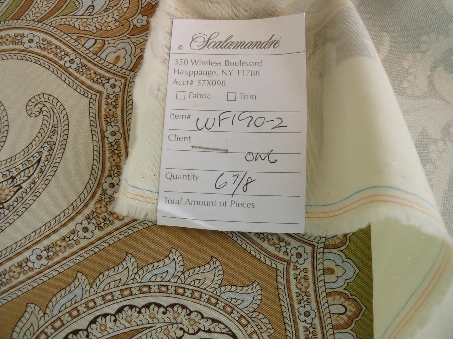 By Yd Scalamandre Pagoda Paisley Cotton Arabesque Garden Hand Printed In Italy Cream Brown On Green MSRP USD 198/YD