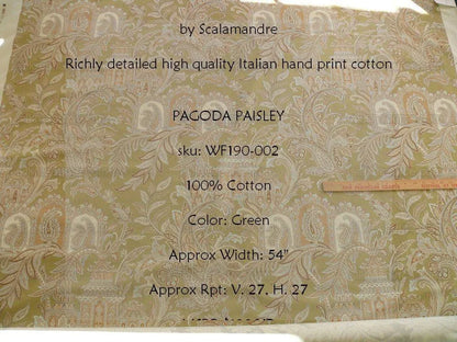By Yd Scalamandre Pagoda Paisley Cotton Arabesque Garden Hand Printed In Italy Cream Brown On Green MSRP USD 198/YD