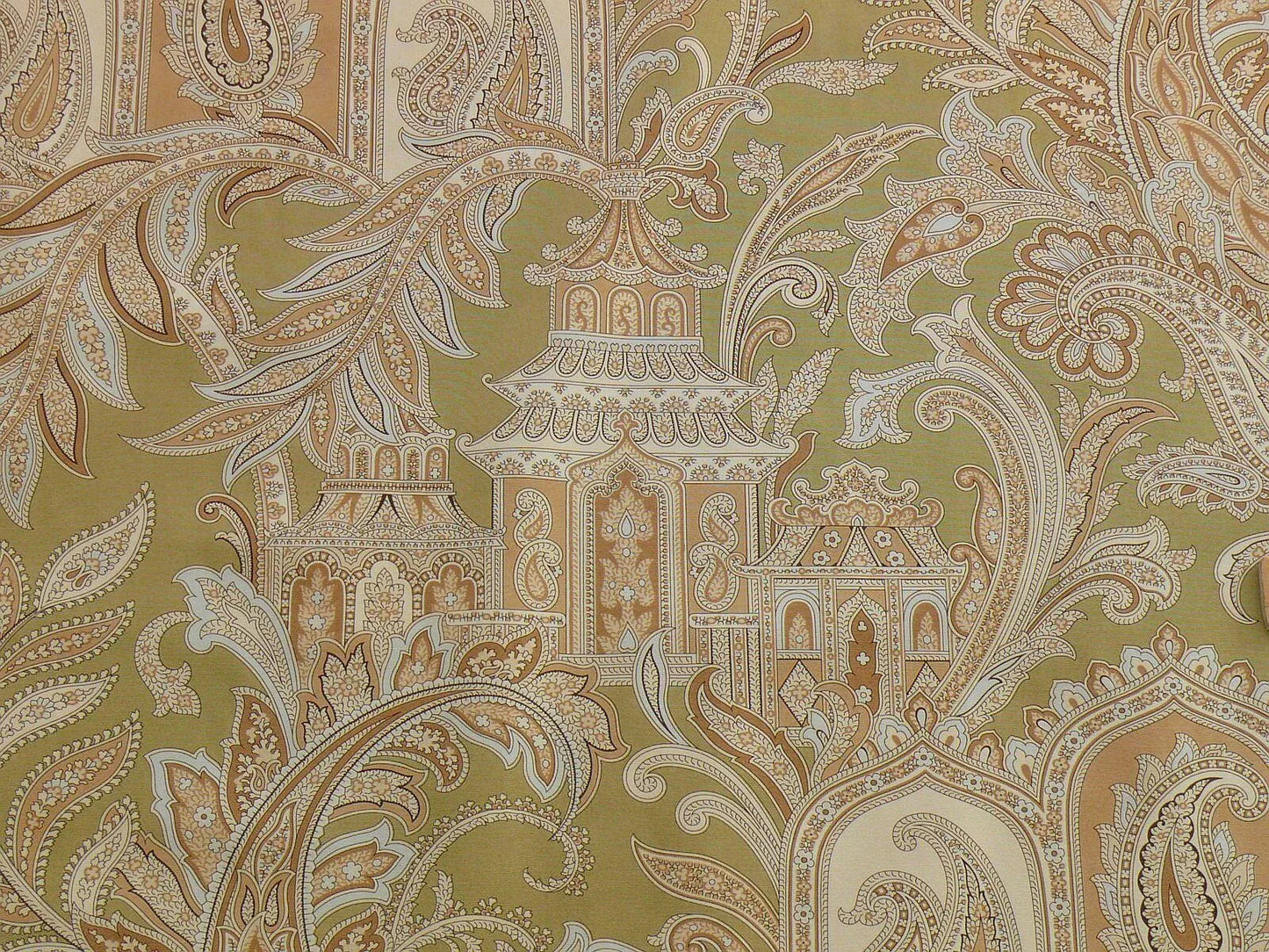 By Yd Scalamandre Pagoda Paisley Cotton Arabesque Garden Hand Printed In Italy Cream Brown On Green MSRP USD 198/YD