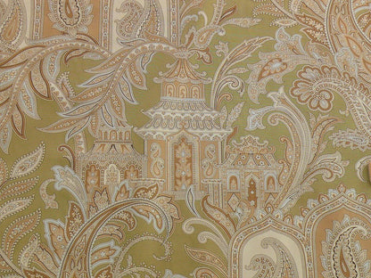 By Yd Scalamandre Pagoda Paisley Cotton Arabesque Garden Hand Printed In Italy Cream Brown On Green MSRP USD 198/YD