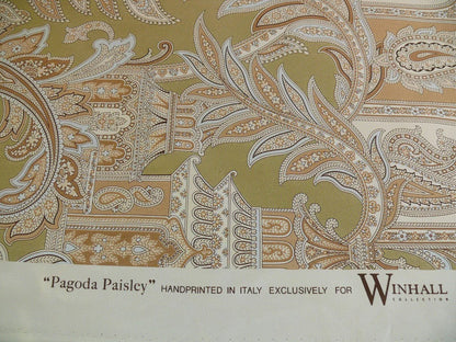 By Yd Scalamandre Pagoda Paisley Cotton Arabesque Garden Hand Printed In Italy Cream Brown On Green MSRP USD 198/YD