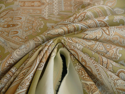 By Yd Scalamandre Pagoda Paisley Cotton Arabesque Garden Hand Printed In Italy Cream Brown On Green MSRP USD 198/YD