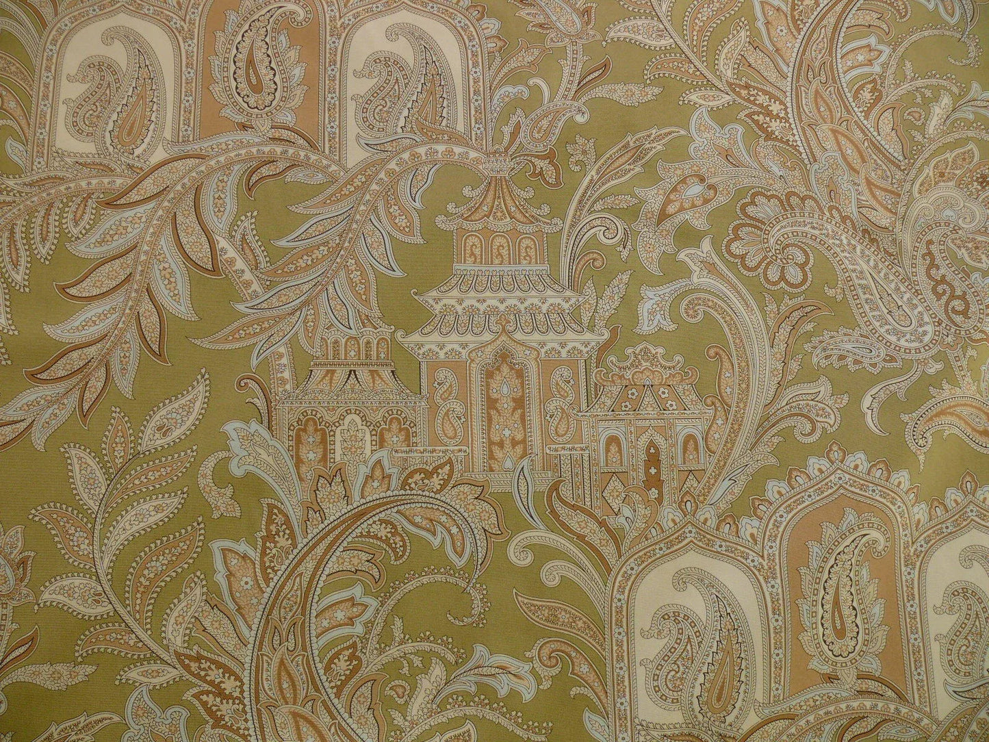 By Yd Scalamandre Pagoda Paisley Cotton Arabesque Garden Hand Printed In Italy Cream Brown On Green MSRP USD 198/YD
