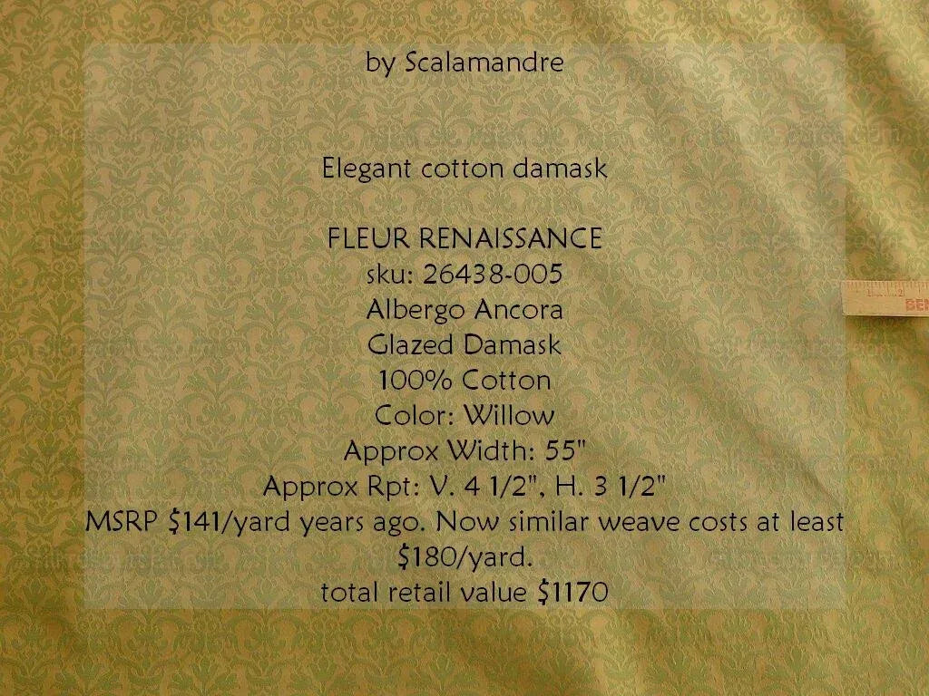 By Yd Scalamandre Fleur Renaissance Damask Willow Green Goldenrod Cotton MSRP USD 141/Y
