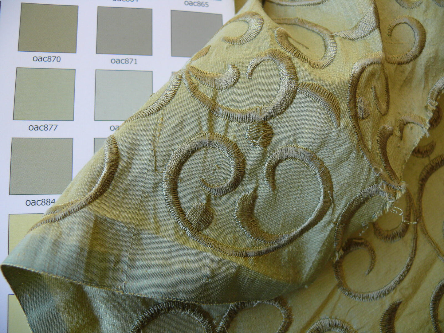 by yard Pindler &amp; Pindler Silk Embroidery Scroll Olive Green MSRP USD200+/y