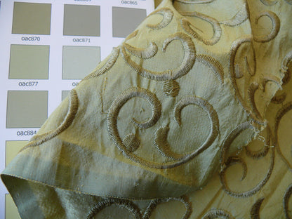 by yard Pindler &amp; Pindler Silk Embroidery Scroll Olive Green MSRP USD200+/y