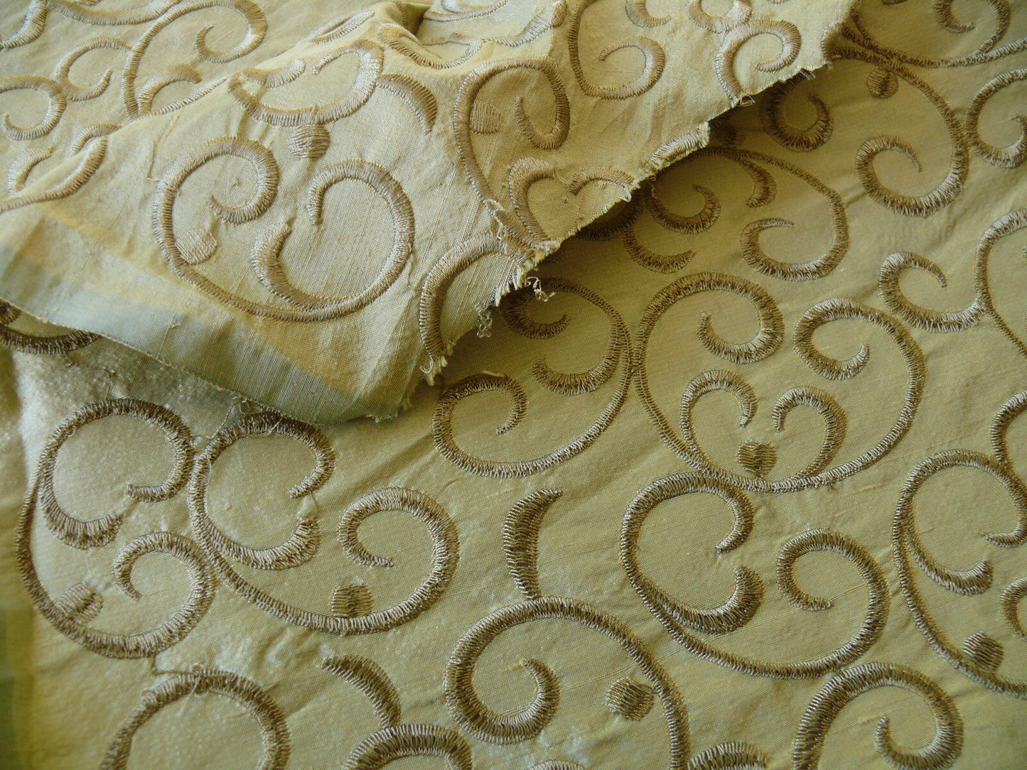 by yard Pindler &amp; Pindler Silk Embroidery Scroll Olive Green MSRP USD200+/y