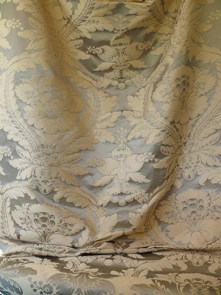 Clarence House Cosette Pale Blue Silk &amp; Cotton Satin Damask MSRP USD 334/Y