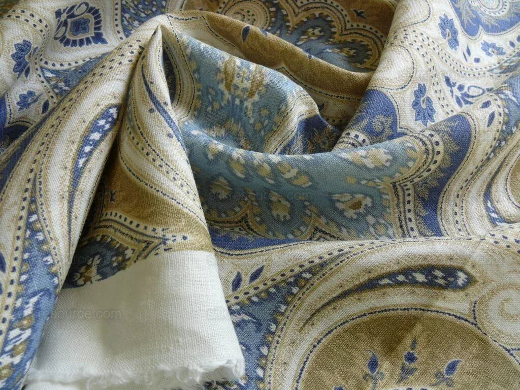 Kravet Latika Ikat Indigo Blue &amp; Cashew Brown Linen Damask Bty MSRP USD137/y