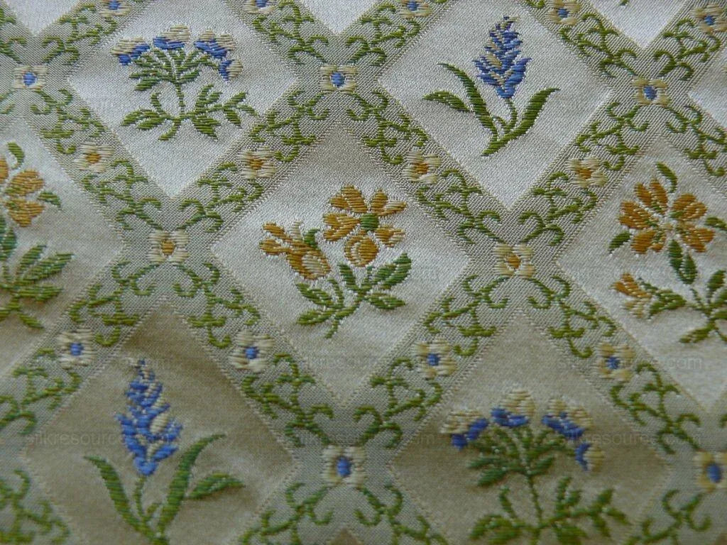 100% Silk Lampas Orange &amp; Blue Petite Flower Diamond By Yd