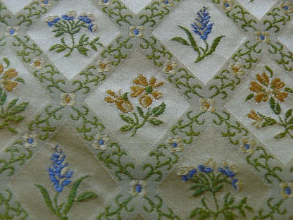 100% Silk Lampas Orange &amp; Blue Petite Flower Diamond By Yd