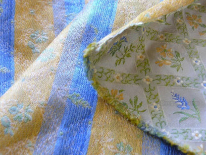 100% Silk Lampas Orange &amp; Blue Petite Flower Diamond By Yd