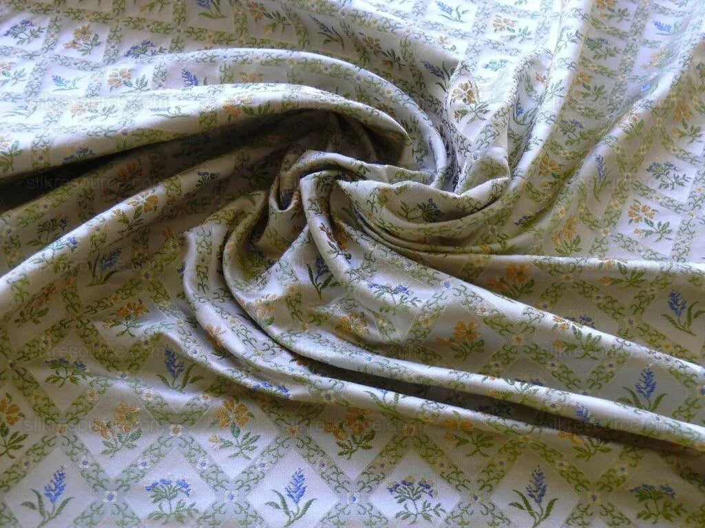 100% Silk Lampas Orange &amp; Blue Petite Flower Diamond By Yd