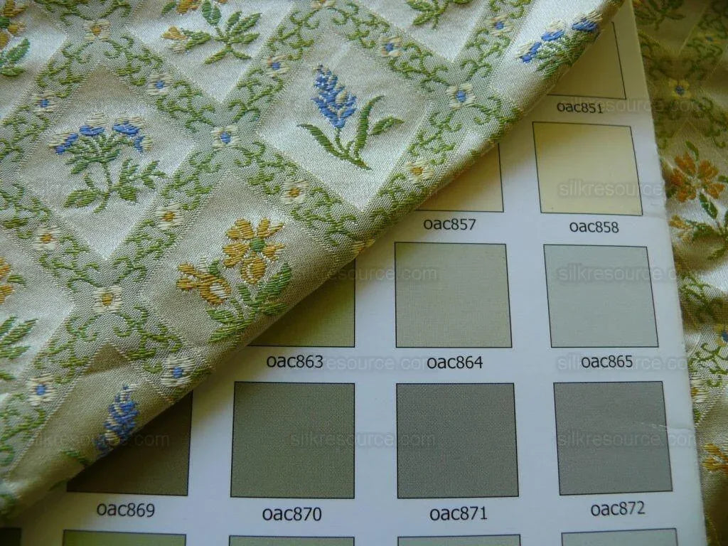 100% Silk Lampas Orange &amp; Blue Petite Flower Diamond By Yd