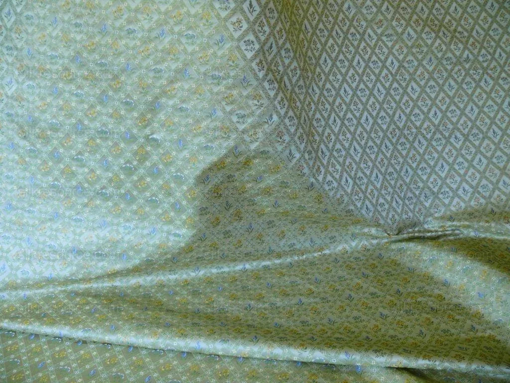 100% Silk Lampas Orange &amp; Blue Petite Flower Diamond By Yd