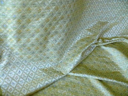 100% Silk Lampas Orange &amp; Blue Petite Flower Diamond By Yd