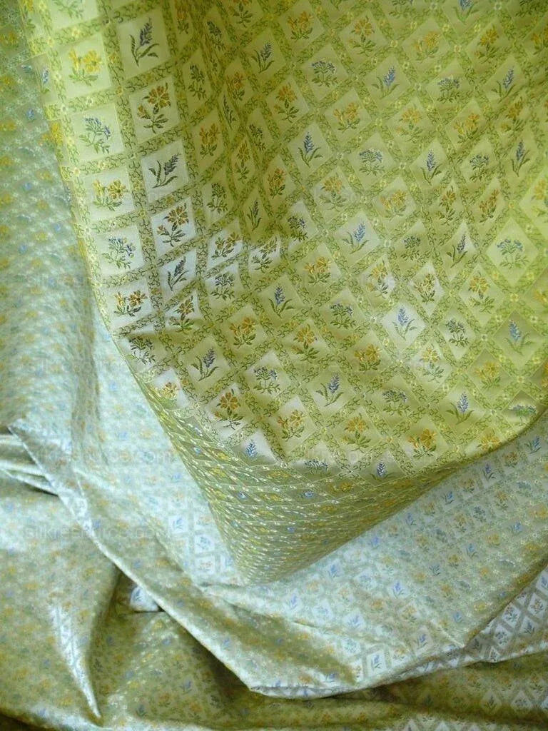 100% Silk Lampas Orange &amp; Blue Petite Flower Diamond By Yd