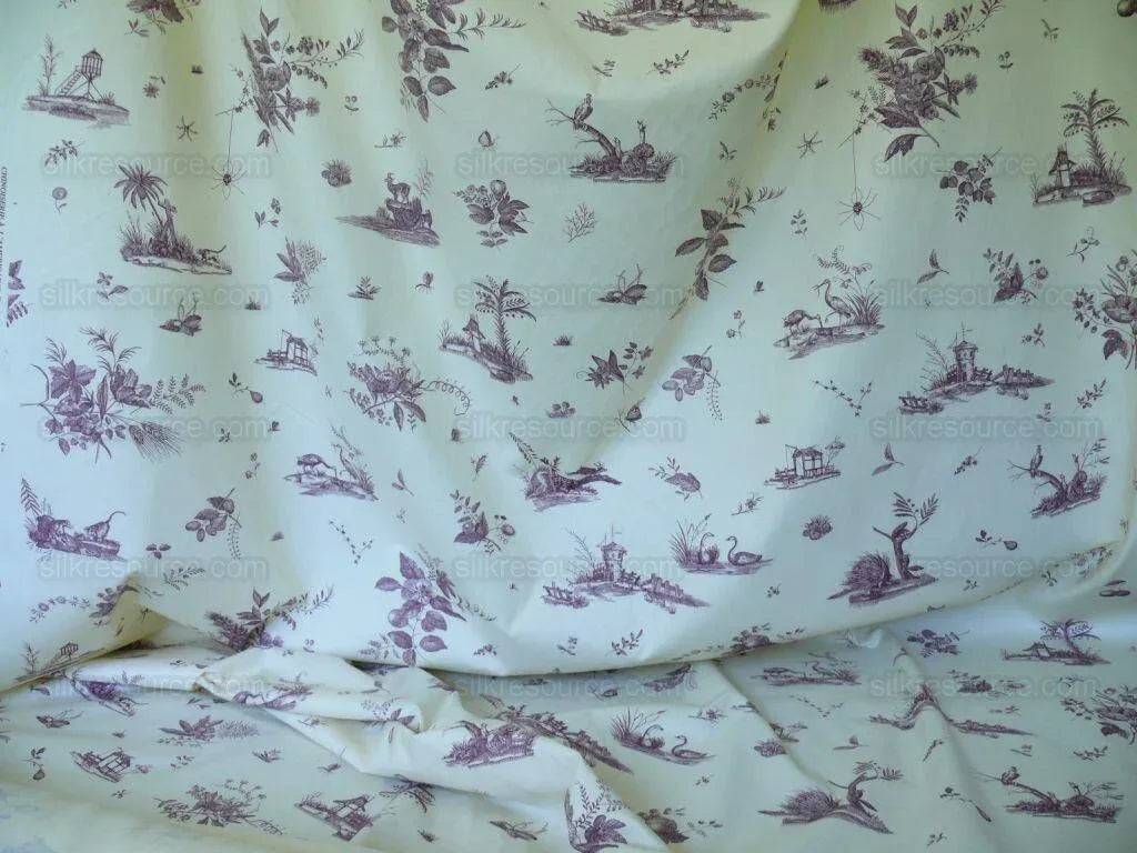 Brunschwig &amp; Fils Chinoisere A L'americaine Toile Berry Plum Deep Purple White Cotton Bird Animal Spider from Mount Vernon Bty