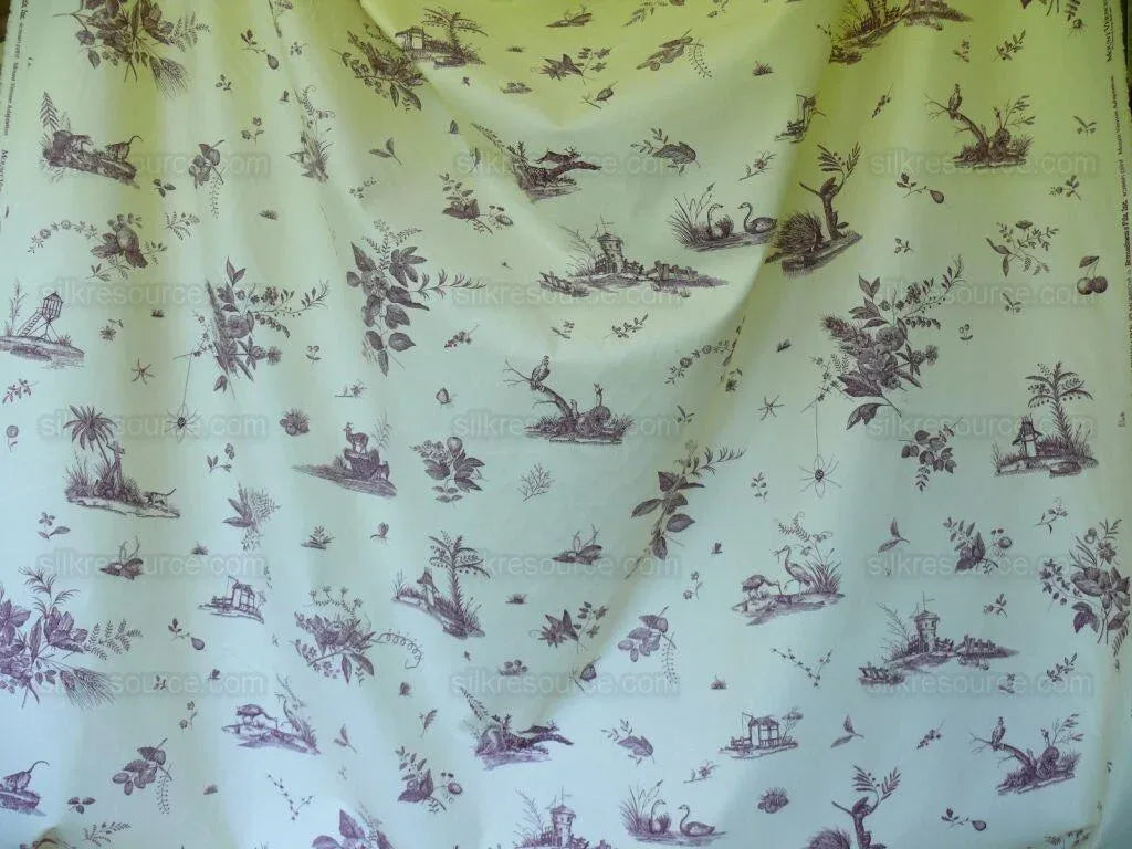 Brunschwig &amp; Fils Chinoisere A L'americaine Toile Berry Plum Deep Purple White Cotton Bird Animal Spider from Mount Vernon Bty