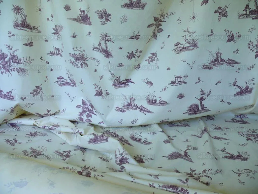 Brunschwig &amp; Fils Chinoisere A L'americaine Toile Berry Plum Deep Purple White Cotton Bird Animal Spider from Mount Vernon Bty